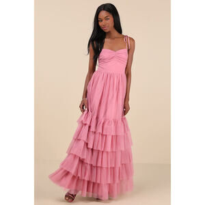 Lulus Endlessly Darling Dusty Rose Mesh Tiered Tie-strap Maxi Dress Pink